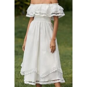 Peixoto Off-Shoulder White Midi Dress with Lace Trim
